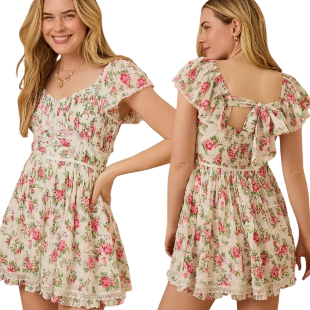 Altar’d State Bella Floral Ruffle Mini Dress White/Pink Size Medium